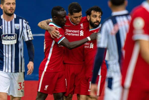 WEST BROMWICH, ENGLAND - Sunday, May 16, 2021: Liverpool's Mohamed Salah (R) celebrates after scoring the first equalising goal with team-mates Sadio Mané (L) and Roberto Firmino (C) during the FA Premier League match between West Bromwich Albion FC and Liverpool FC at The Hawthorns. (Pic by David Rawcliffe/Propaganda)