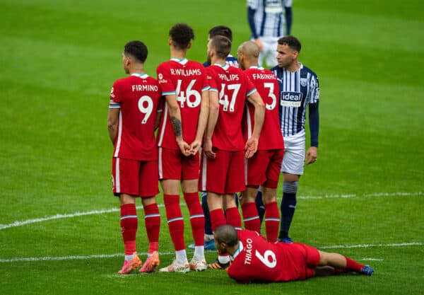 WEST BROMWICH, ENGLAND - Sunday, May 16, 2021: Liverpool's Thiago Alcantara lies down as his team form a defensive wall during the FA Premier League match between West Bromwich Albion FC and Liverpool FC at The Hawthorns. (Pic by David Rawcliffe/Propaganda)