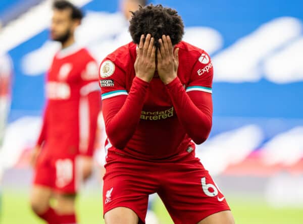 WEST BROMWICH, ENGLAND - Sunday, May 16, 2021: Liverpool's Trent Alexander-Arnold looks dejected after missing a chance during the FA Premier League match between West Bromwich Albion FC and Liverpool FC at The Hawthorns. (Pic by David Rawcliffe/Propaganda)