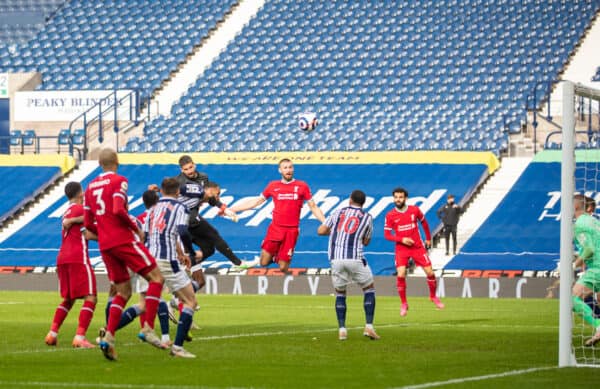 WEST BROMWICH, ENGLAND - Sunday, May 16, 2021: Liverpool's goalkeeper Alisson Becker scores the winning second goal with a head in injury time during the FA Premier League match between West Bromwich Albion FC and Liverpool FC at The Hawthorns. (Pic by David Rawcliffe/Propaganda)