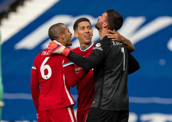 WEST BROMWICH, ENGLAND - Sunday, May 16, 2021: Liverpool's goalkeeper Alisson Becker (R) celebrates with team-mates Thiago Alcantara (L) and Roberto Firmino (C) after he scored the winning second goal with a head in injury time during the FA Premier League match between West Bromwich Albion FC and Liverpool FC at The Hawthorns. (Pic by David Rawcliffe/Propaganda)