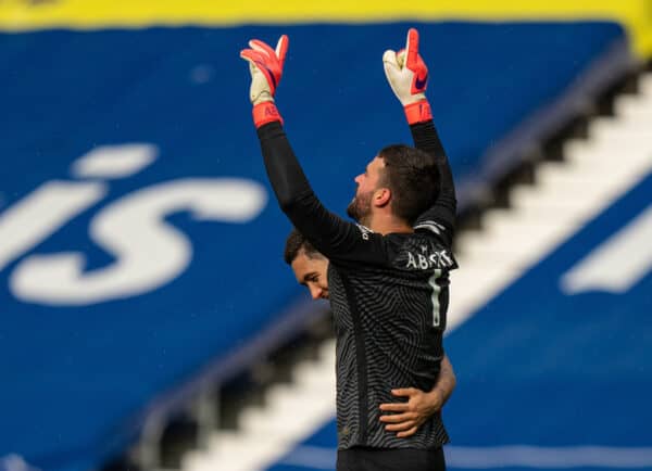 WEST BROMWICH, ENGLAND - Sunday, May 16, 2021: Liverpool's goalkeeper Alisson Becker celebrates after scoring the winning second goal with a head in injury time during the FA Premier League match between West Bromwich Albion FC and Liverpool FC at The Hawthorns. (Pic by David Rawcliffe/Propaganda)