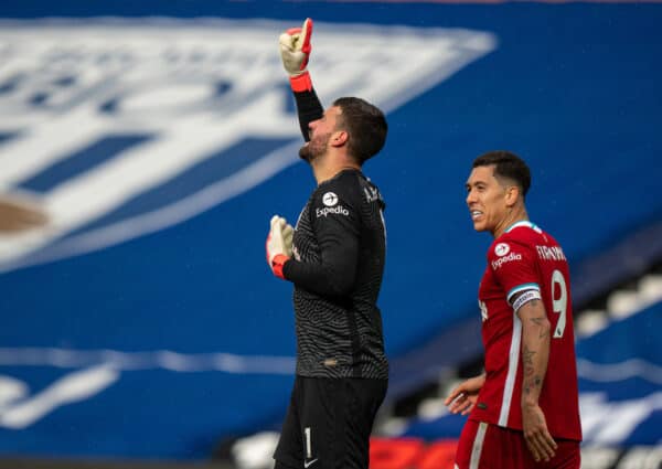 WEST BROMWICH, ENGLAND - Sunday, May 16, 2021: Liverpool's goalkeeper Alisson Becker celebrates after scoring the winning second goal with a head in injury time during the FA Premier League match between West Bromwich Albion FC and Liverpool FC at The Hawthorns. (Pic by David Rawcliffe/Propaganda)