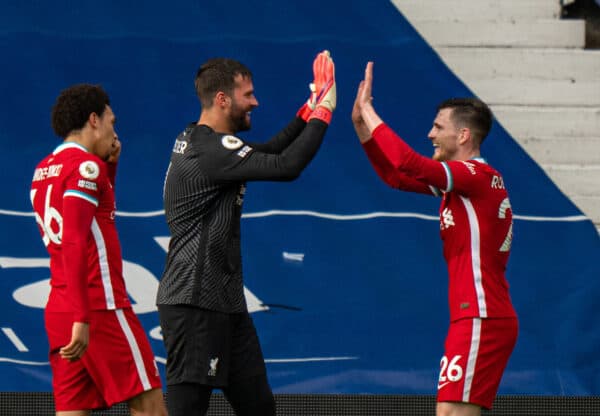 WEST BROMWICH, ENGLAND - Sunday, May 16, 2021: Liverpool's goalkeeper Alisson Becker (R) celebrates with team-mate Andy Robertson (R) after scoring the winning second goal with a head in injury time during the FA Premier League match between West Bromwich Albion FC and Liverpool FC at The Hawthorns. (Pic by David Rawcliffe/Propaganda)