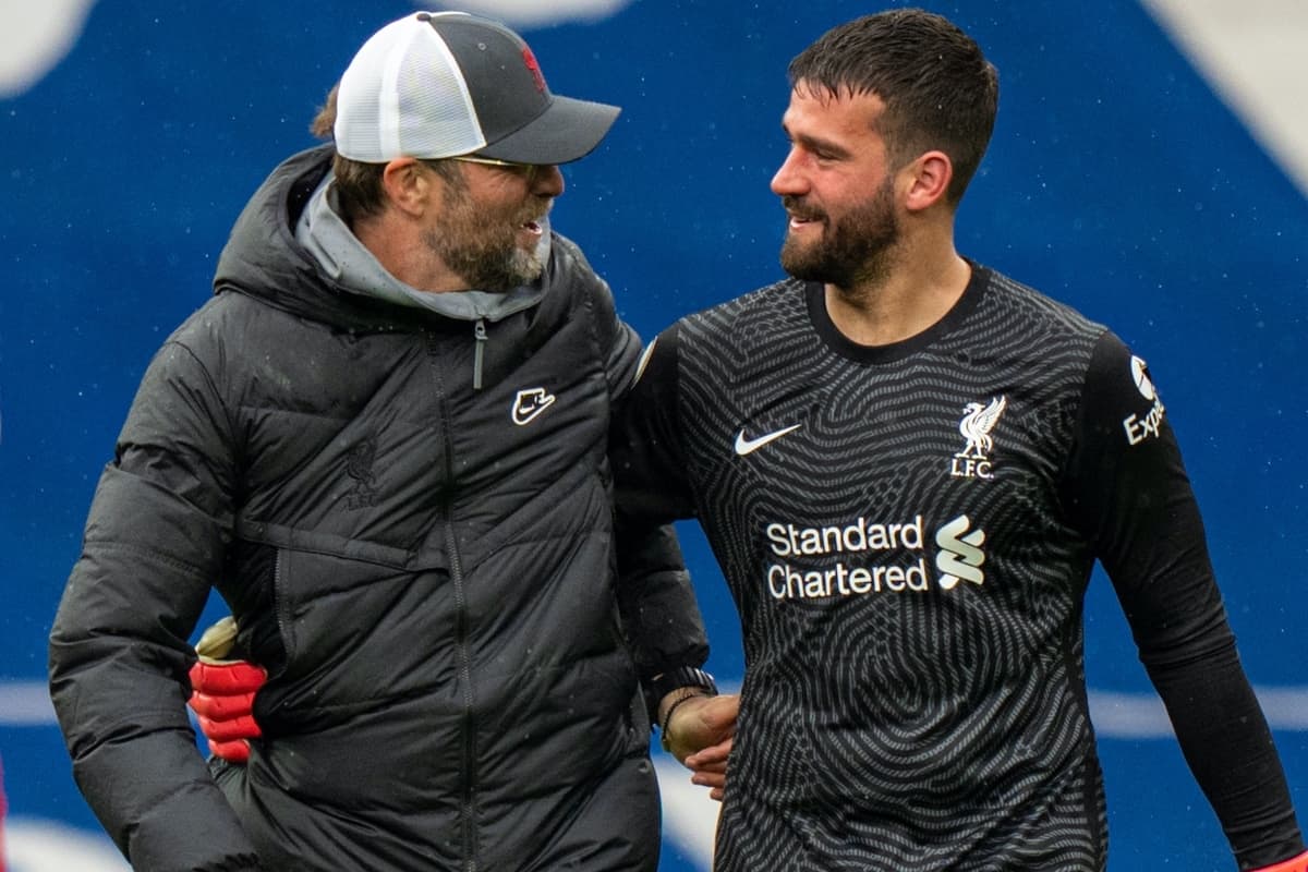 WEST BROMWICH, ENGLAND - Sunday, May 16, 2021: Liverpool's goalkeeper Alisson Becker (R) celebrates with manager Jürgen Klopp (L) after scoring the winning second goal with a head in injury time during the FA Premier League match between West Bromwich Albion FC and Liverpool FC at The Hawthorns. (Pic by David Rawcliffe/Propaganda)