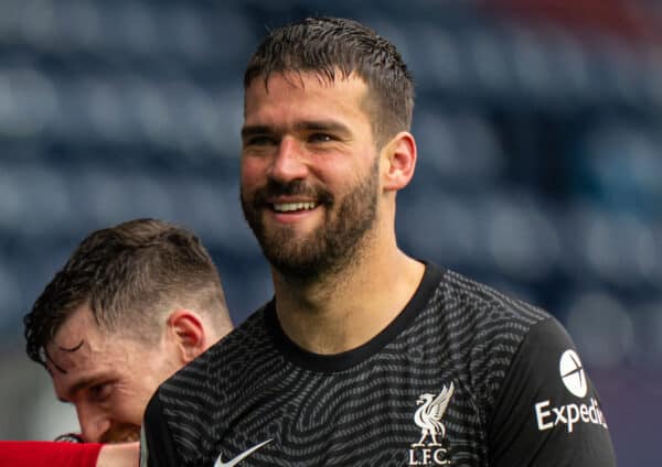 WEST BROMWICH, ENGLAND - Sunday, May 16, 2021: Liverpool's match-winning goal-scorer goalkeeper Alisson Becker walks off the pitch after his injury time headed goal sealed a 2-1 victory during the FA Premier League match between West Bromwich Albion FC and Liverpool FC at The Hawthorns. (Pic by David Rawcliffe/Propaganda)