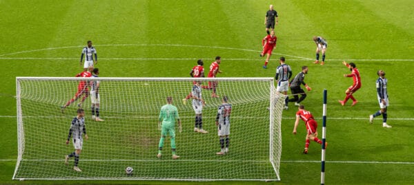 WEST BROMWICH, ENGLAND - Sunday, May 16, 2021: Liverpool's goalkeeper Alisson Becker celebrates with team-mate Mohamed Salah after scoring an injury time winning goal to sealed a 2-1 victory during the FA Premier League match between West Bromwich Albion FC and Liverpool FC at The Hawthorns. (Pic by David Rawcliffe/Propaganda)