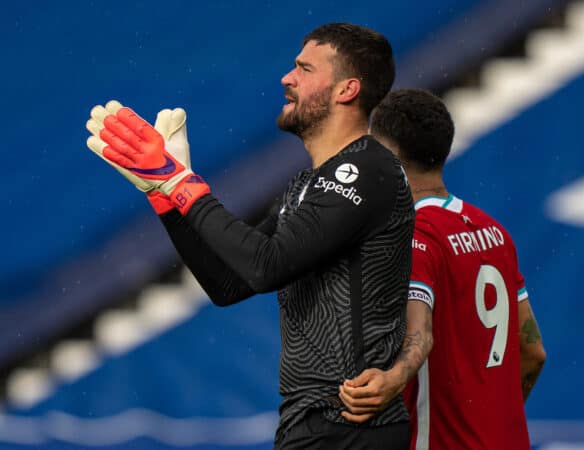 WEST BROMWICH, ENGLAND - Sunday, May 16, 2021: Liverpool's goalkeeper Alisson Becker celebrates after scoring an injury time winning goal to sealed a 2-1 victory during the FA Premier League match between West Bromwich Albion FC and Liverpool FC at The Hawthorns. (Pic by David Rawcliffe/Propaganda)