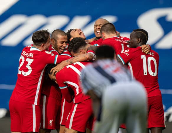 WEST BROMWICH, ENGLAND - Sunday, May 16, 2021: Liverpool players mob goalkeeper Alisson Becker after he scored an injury time winning goal to sealed a 2-1 victory during the FA Premier League match between West Bromwich Albion FC and Liverpool FC at The Hawthorns. (Pic by David Rawcliffe/Propaganda)