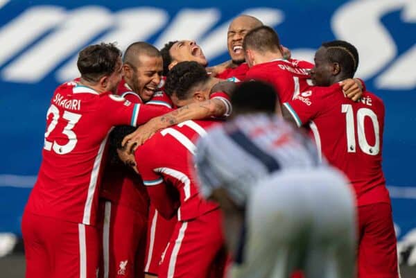 WEST BROMWICH, ENGLAND - Sunday, May 16, 2021: Liverpool players mob goalkeeper Alisson Becker after he scored an injury time winning goal to sealed a 2-1 victory during the FA Premier League match between West Bromwich Albion FC and Liverpool FC at The Hawthorns. (Pic by David Rawcliffe/Propaganda)