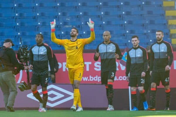 BURNLEY, ENGLAND - Wednesday, May 19, 2021: Liverpool's Georginio Wijnaldum and goalkeeper Alisson Becker lead their side out before the FA Premier League match between Burnley FC and Liverpool FC at Turf Moor. (Pic by David Rawcliffe/Propaganda)