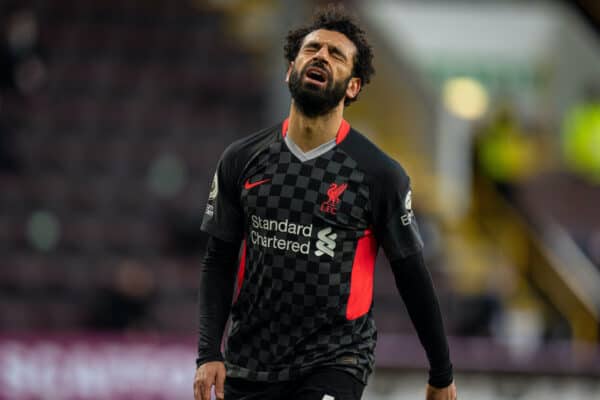 BURNLEY, ENGLAND - Wednesday, May 19, 2021: Liverpool's Mohamed Salah looks dejected after missing a chance during the FA Premier League match between Burnley FC and Liverpool FC at Turf Moor. (Pic by David Rawcliffe/Propaganda)