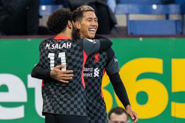 BURNLEY, ENGLAND - Wednesday, May 19, 2021: Liverpool's Roberto Firmino (R) celebrates with team-mate Mohamed Salah after scoring the first goal during the FA Premier League match between Burnley FC and Liverpool FC at Turf Moor. (Pic by David Rawcliffe/Propaganda)