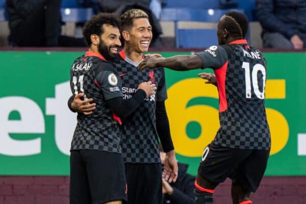 BURNLEY, ENGLAND - Wednesday, May 19, 2021: Liverpool's Roberto Firmino (C) celebrates with team-mates Mohamed Salah (L) and Sadio Mané (R) after scoring the first goal during the FA Premier League match between Burnley FC and Liverpool FC at Turf Moor. (Pic by David Rawcliffe/Propaganda)