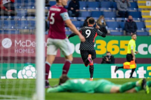 BURNLEY, ENGLAND - Wednesday, May 19, 2021: Liverpool's Roberto Firmino celebrates after scoring the first goal during the FA Premier League match between Burnley FC and Liverpool FC at Turf Moor. (Pic by David Rawcliffe/Propaganda)