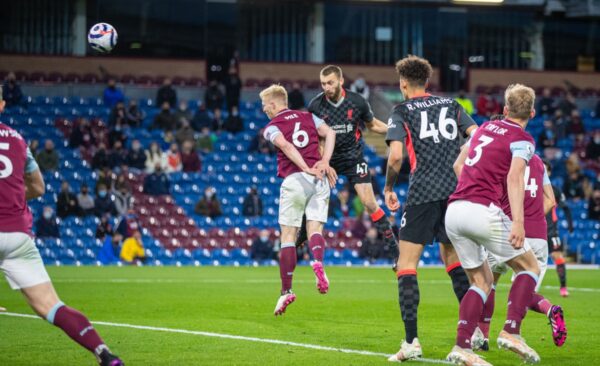 BURNLEY, ENGLAND - Wednesday, May 19, 2021: Liverpool's Nathaniel Phillips scores the second goal with a header during the FA Premier League match between Burnley FC and Liverpool FC at Turf Moor. (Pic by David Rawcliffe/Propaganda)