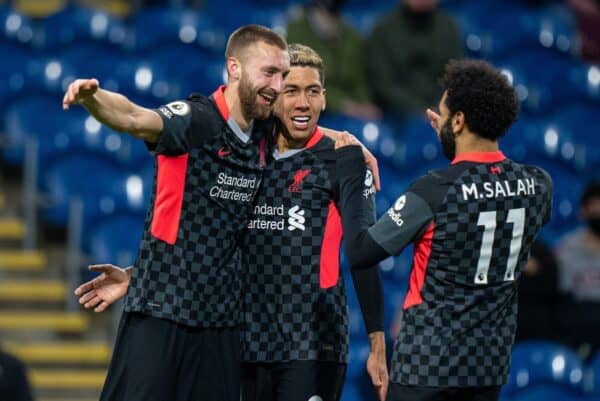 BURNLEY, ENGLAND - Wednesday, May 19, 2021: Liverpool's Nathaniel Phillips (L) celebrates after scoring the second goal with team-mates Roberto Firmino (C) and Mohamed Salah (R) during the FA Premier League match between Burnley FC and Liverpool FC at Turf Moor. (Pic by David Rawcliffe/Propaganda)