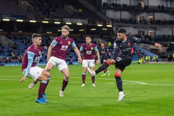 BURNLEY, ENGLAND - Wednesday, May 19, 2021: Liverpool's Alex Oxlade-Chamberlain scores the third goal during the FA Premier League match between Burnley FC and Liverpool FC at Turf Moor. (Pic by David Rawcliffe/Propaganda)