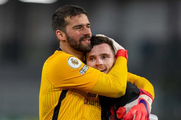 BURNLEY, ENGLAND - Wednesday, May 19, 2021: Liverpool's goalkeeper Alisson Becker (L) and Andy Robertson celebrate after the FA Premier League match between Burnley FC and Liverpool FC at Turf Moor. Liverpool won 3-0. (Pic by David Rawcliffe/Propaganda)