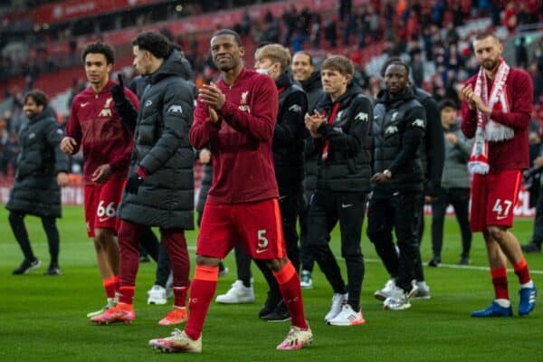 LIVERPOOL, ENGLAND - Sunday, May 23, 2021: Liverpool Georginio Wijnaldum on a lap of honour after the final FA Premier League match between Liverpool FC and Crystal Palace FC at Anfield. (Pic by David Rawcliffe/Propaganda)