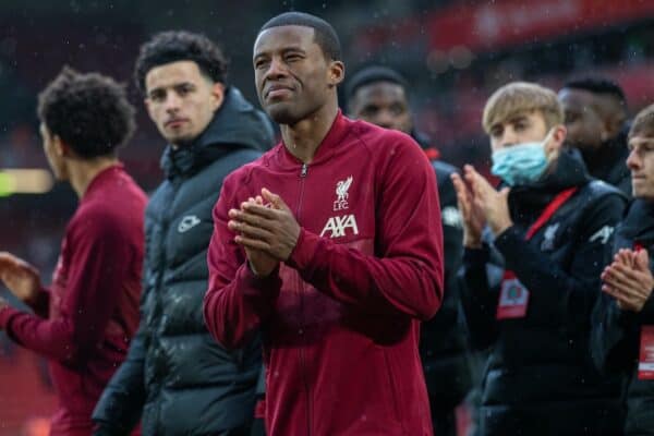 LIVERPOOL, ENGLAND - Sunday, May 23, 2021: Liverpool Georginio Wijnaldum on a lap of honour after the final FA Premier League match between Liverpool FC and Crystal Palace FC at Anfield. (Pic by David Rawcliffe/Propaganda)