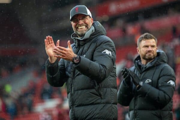 LIVERPOOL, ENGLAND - Sunday, May 23, 2021: Liverpool manager Jürgen Klopp on a lap of honour after the final FA Premier League match between Liverpool FC and Crystal Palace FC at Anfield. (Pic by David Rawcliffe/Propaganda)