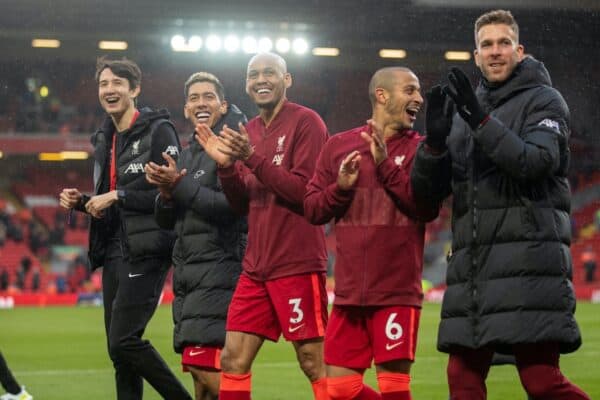 LIVERPOOL, ENGLAND - Sunday, May 23, 2021: Liverpool players on a lap of honour after the final FA Premier League match between Liverpool FC and Crystal Palace FC at Anfield. (Pic by David Rawcliffe/Propaganda)