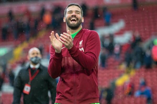 LIVERPOOL, ENGLAND - Sunday, May 23, 2021: Liverpool's goalkeeper Alisson Becker on a lap of honour after the final FA Premier League match between Liverpool FC and Crystal Palace FC at Anfield. (Pic by David Rawcliffe/Propaganda)