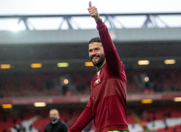 LIVERPOOL, ENGLAND - Sunday, May 23, 2021: Liverpool's goalkeeper Alisson Becker on a lap of honour after the final FA Premier League match between Liverpool FC and Crystal Palace FC at Anfield. (Pic by David Rawcliffe/Propaganda)