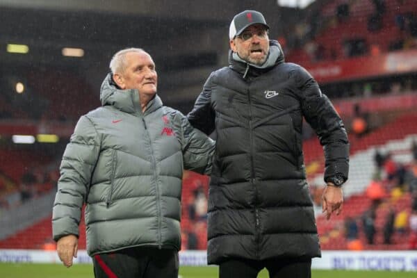 LIVERPOOL, ENGLAND - Sunday, May 23, 2021: Liverpool's manager Jürgen Klopp with retiring kit man Graham Carter during the final FA Premier League match between Liverpool FC and Crystal Palace FC at Anfield. (Pic by David Rawcliffe/Propaganda)