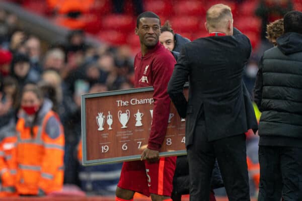 LIVERPOOL, ENGLAND - Sunday, May 23, 2021: Liverpool's Georginio Wijnaldum is given a send off by his team-mates after the final FA Premier League match between Liverpool FC and Crystal Palace FC at Anfield. (Pic by David Rawcliffe/Propaganda)