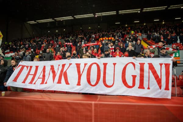 LIVERPOOL, ENGLAND - Sunday, May 23, 2021: Liverpool supporters' banner "Thank you Gini [Georginio Wijnaldum]" during the final FA Premier League match between Liverpool FC and Crystal Palace FC at Anfield. (Pic by David Rawcliffe/Propaganda)