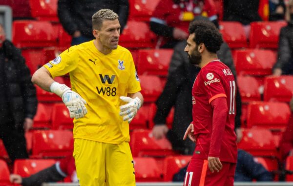 LIVERPOOL, ENGLAND - Sunday, May 23, 2021: Crystal Palace's goalkeeper Vicente Guaita (L) and Liverpool's Mohamed Salah during the final FA Premier League match between Liverpool FC and Crystal Palace FC at Anfield. (Pic by David Rawcliffe/Propaganda)