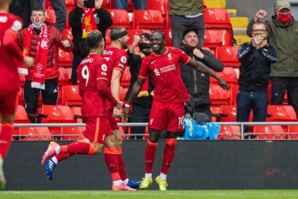 LIVERPOOL, ENGLAND - Sunday, May 23, 2021: Liverpool's Sadio Mané celebrates after scoring the first goal during the final FA Premier League match between Liverpool FC and Crystal Palace FC at Anfield. (Pic by David Rawcliffe/Propaganda)