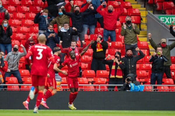 LIVERPOOL, ENGLAND - Sunday, May 23, 2021: Liverpool's Sadio Mané celebrates after scoring the first goal during the final FA Premier League match between Liverpool FC and Crystal Palace FC at Anfield. (Pic by David Rawcliffe/Propaganda)