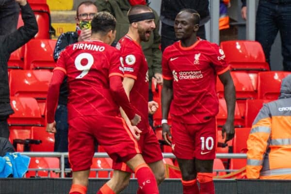 LIVERPOOL, ENGLAND - Sunday, May 23, 2021: Liverpool's Sadio Mané celebrates after scoring the first goal during the final FA Premier League match between Liverpool FC and Crystal Palace FC at Anfield. (Pic by David Rawcliffe/Propaganda)