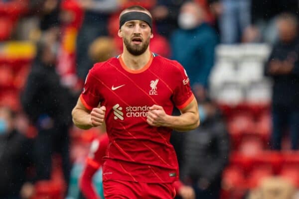 LIVERPOOL, ENGLAND - Sunday, May 23, 2021: Liverpool's Nathaniel Phillips, wearimng a head bandage, during the final FA Premier League match between Liverpool FC and Crystal Palace FC at Anfield. (Pic by David Rawcliffe/Propaganda)