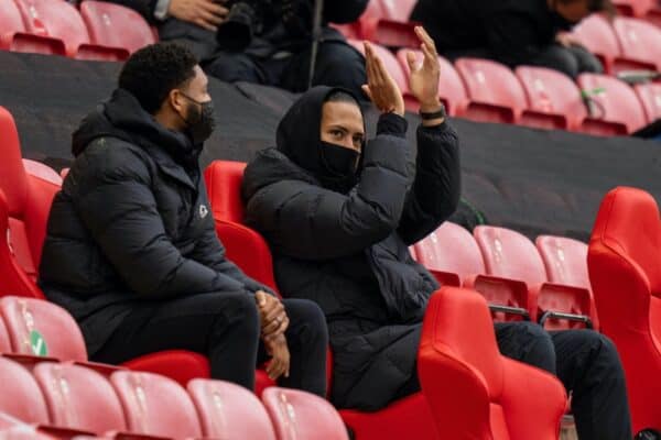 LIVERPOOL, ENGLAND - Sunday, May 23, 2021: Liverpool's injured Virgil van Dijk during the final FA Premier League match between Liverpool FC and Crystal Palace FC at Anfield. (Pic by David Rawcliffe/Propaganda)