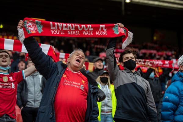 LIVERPOOL, ENGLAND - Sunday, May 23, 2021: Liverpool supporters sing "You'll Never Walk Alone" before the final FA Premier League match between Liverpool FC and Crystal Palace FC at Anfield. (Pic by David Rawcliffe/Propaganda)