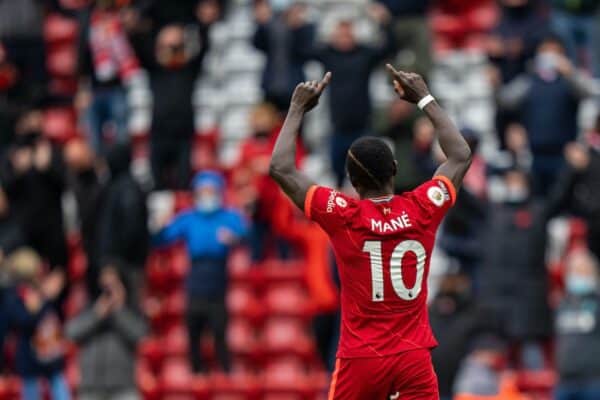 LIVERPOOL, ENGLAND - Sunday, May 23, 2021: Liverpool's Sadio Mané celebrates after scoring the second goal during the final FA Premier League match between Liverpool FC and Crystal Palace FC at Anfield. (Pic by David Rawcliffe/Propaganda)