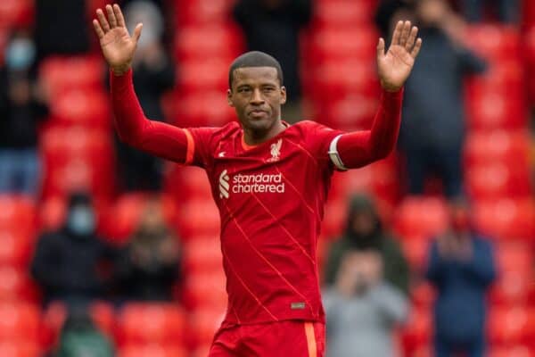 LIVERPOOL, ENGLAND - Sunday, May 23, 2021: Liverpool's Georginio Wijnaldum waves to the crowd as he is substituted during the final FA Premier League match between Liverpool FC and Crystal Palace FC at Anfield. (Pic by David Rawcliffe/Propaganda)