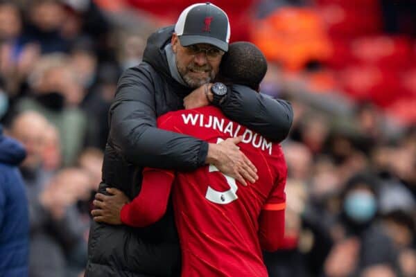 LIVERPOOL, ENGLAND - Sunday, May 23, 2021: Liverpool's manager Jürgen Klopp embraces Georginio Wijnaldum as he is substituted during the final FA Premier League match between Liverpool FC and Crystal Palace FC at Anfield. (Pic by David Rawcliffe/Propaganda)