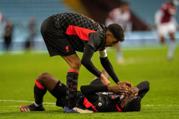 BIRMINGHAM, ENGLAND - Monday, May 24, 2021: Liverpool's captain Jarell Quansah (L) consoles Billy Koumetio at the final whistle during the FA Youth Cup Final match between Aston Villa FC Under-18's and Liverpool FC Under-18's at Villa Park. Aston Villa won 2-0. (Pic by David Rawcliffe/Propaganda)