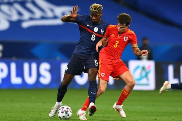 NICE, FRANCE - Wednesday, June 2, 2021: France's Paul Pogba (L) and Wales' Neco Williams during an international friendly match between France and Wales at the Stade Allianz Riviera ahead of the UEFA Euro 2020 tournament. (Pic by Simone Arveda/Propaganda)