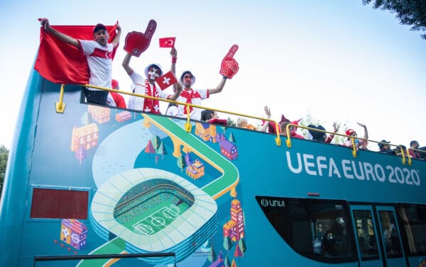 BAKU, AZERBAIJAN - Wednesday, June 9, 2021: A parade of nationals through the streets of Baku during the UEFA Euro 2020 tournament. (Pic by David Rawcliffe/Propaganda)