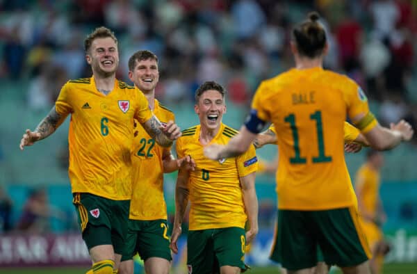 BAKU, AZERBAIJAN - Wednesday, June 16, 2021: Wales' Joe Rodon, Chris Mepham and Harry Wilson run to celebrate with captain Gareth Bale after the second goal during the UEFA Euro 2020 Group A match between Turkey and Wales at the Baku Olympic Stadium. (Pic by David Rawcliffe/Propaganda)