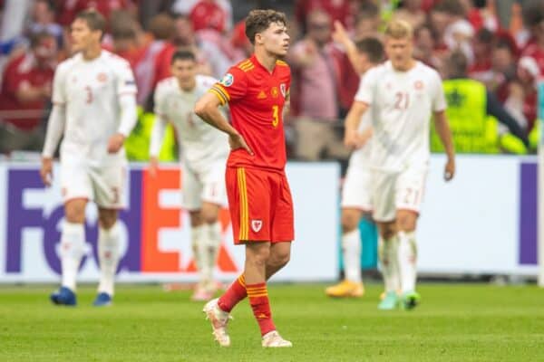 AMSTERDAM, THE NETHERLANDS - Saturday, June 26, 2021: Wales' Neco Williams looks dejected as Denmark celebrate the fourth goal during the UEFA Euro 2020 Round of 16 match between Wales and Denmark at the Amsterdam Arena. (Photo by David Rawcliffe/Propaganda)