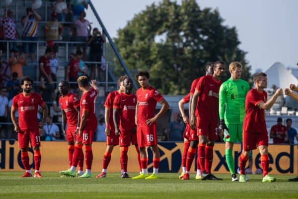 GRÖDIG, AUSTRIA - Friday, July 23, 2021: Liverpool players line-up before a pre-season friendly match between Liverpool FC and FSV Mainz 05 at the Greisbergers Betten-Arena. (Pic by Jürgen Faichter/Propaganda)