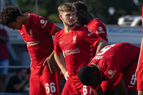 GRÖDIG, AUSTRIA - Friday, July 23, 2021: Liverpool players line-up before a pre-season friendly match between Liverpool FC and FSV Mainz 05 at the Greisbergers Betten-Arena. Trent Alexander-Arnold, Harvey Elliott, Ibrahima Konaté, Joel Matip. (Pic by Jürgen Faichter/Propaganda)