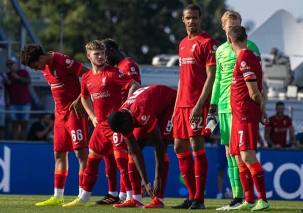 GRÖDIG, AUSTRIA - Friday, July 23, 2021: Liverpool players line-up before a pre-season friendly match between Liverpool FC and FSV Mainz 05 at the Greisbergers Betten-Arena. Trent Alexander-Arnold, Harvey Elliott, Ibrahima Konaté, Joel Matip. (Pic by Jürgen Faichter/Propaganda)